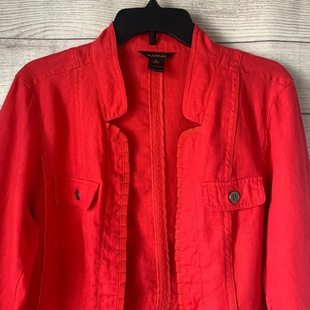 Multiples Pink Linen Blazer Jacket with Ruffle Detail 3/4 Sleeves Size L